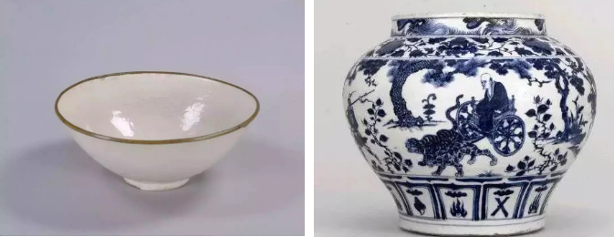 元代以后，青花瓷（右）逐漸取代了定瓷（左）