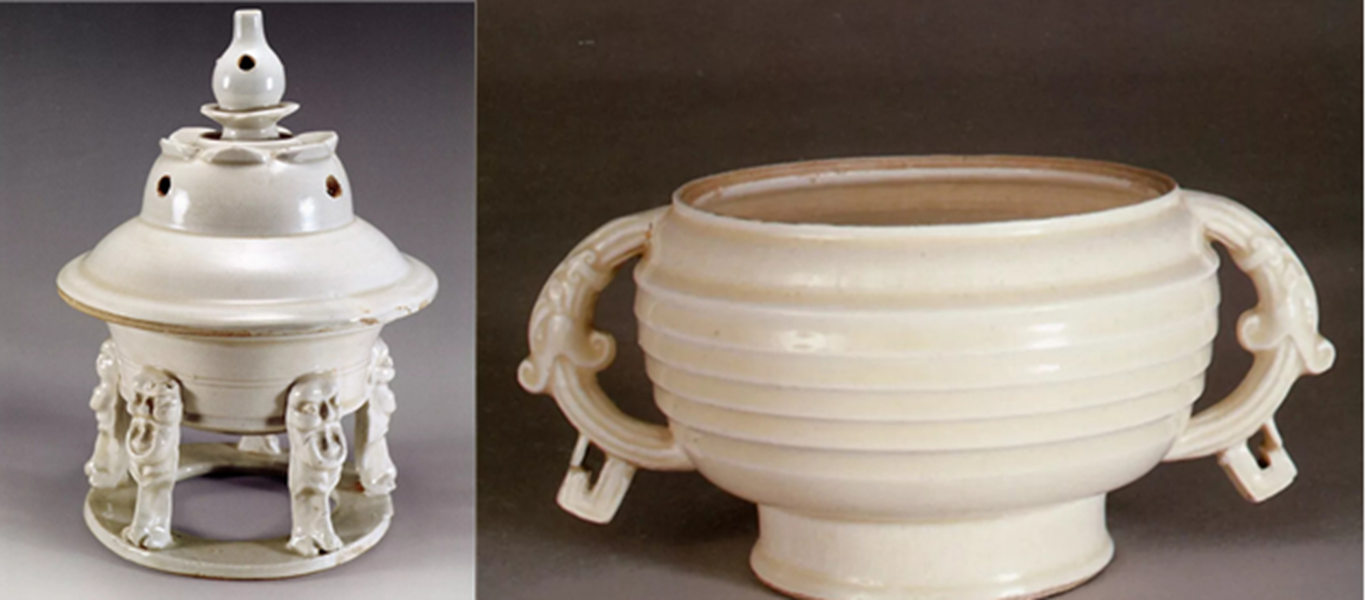 收藏于定州博物館的宋代定窯五獸足熏爐（左），中國臺北故宮博物院收藏的定窯簋式爐（右）