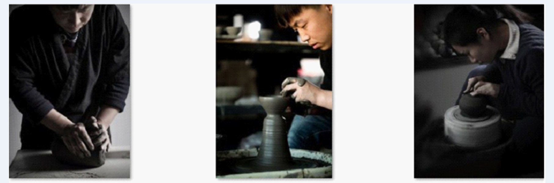 大宋定窯的匠人們展示揉泥、拉坯、修坯這三道工序